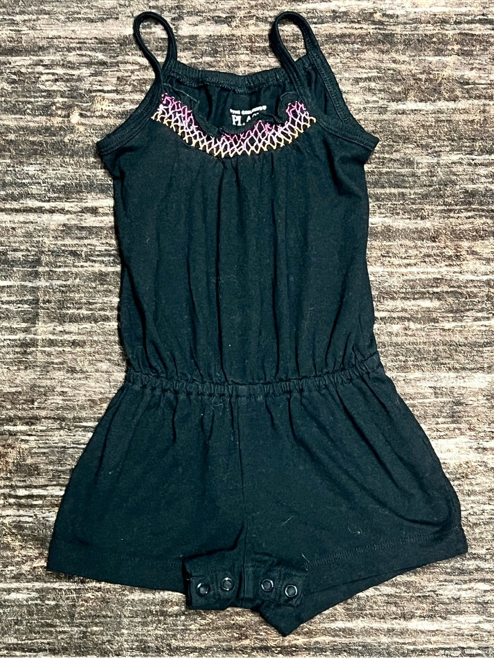 Girls Black Romper with Pink Accent Embroidery